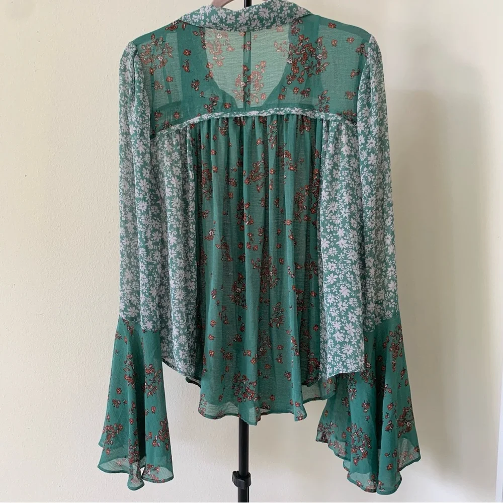 Free People Serena Printed Blouse Emerald Combo Size L